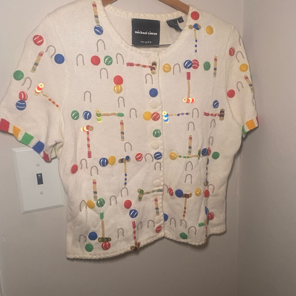 Michael Simon Colorful Button-Up Short sleeve sweater “Croquette” beaded vintage